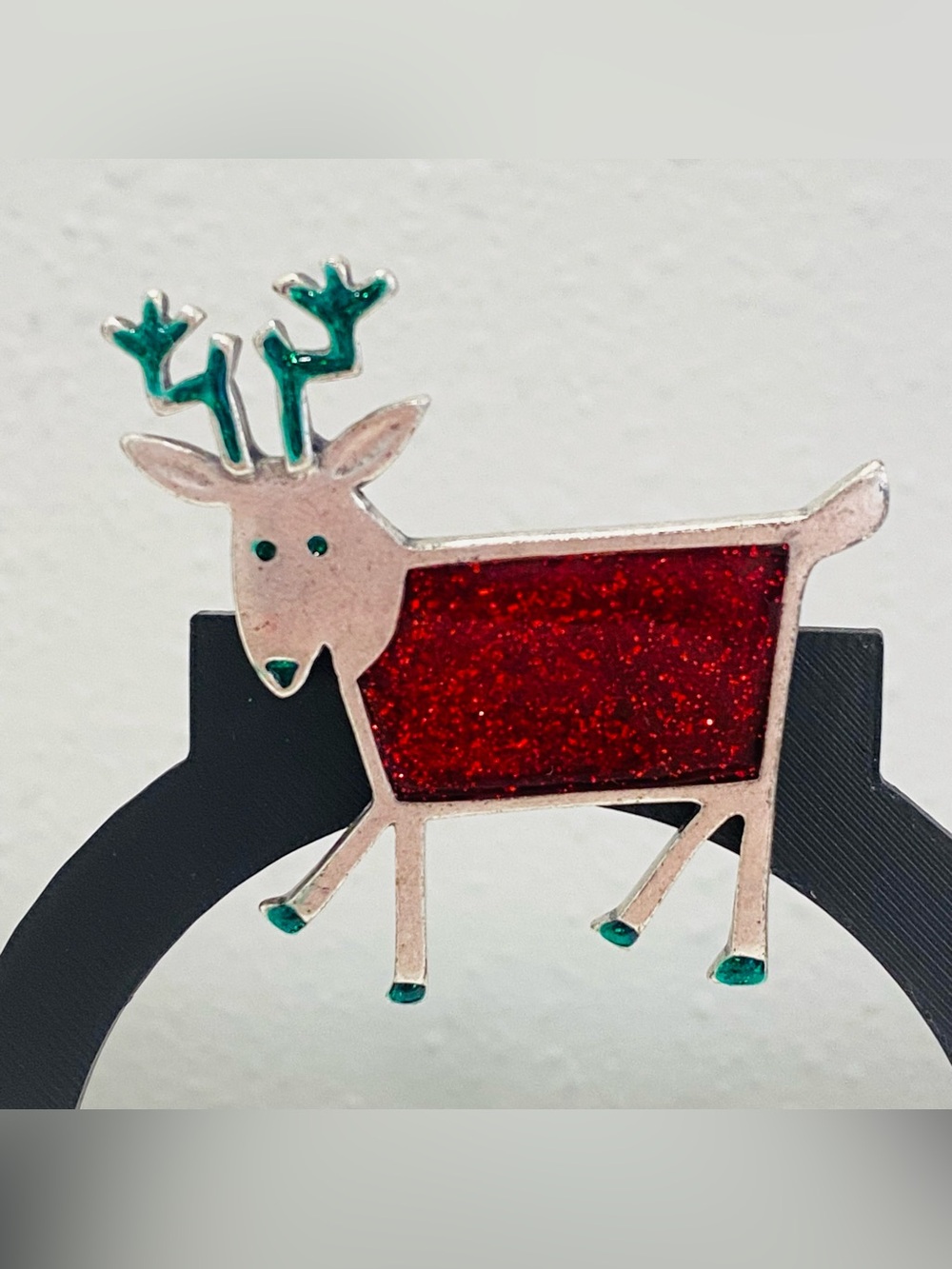Vintage Modernist Reindeer Pin Christmas Brooch Red Glitter Enamel Silver Tone
